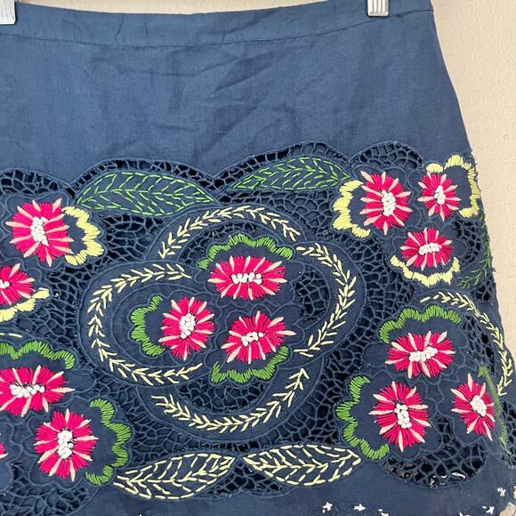 Anthropologie Embroidered Low Rise Mini Skirt 12 Blue Pink Floral Eyelet - Picture 3 of 6